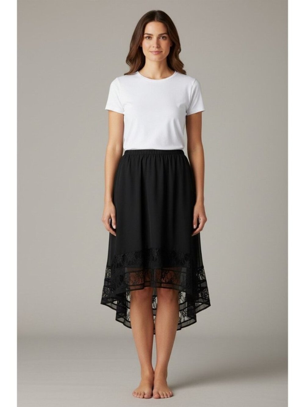 Romeo and Juliette Couture Lace Trim High Low Chiffon Skirt, Black, Sz. S